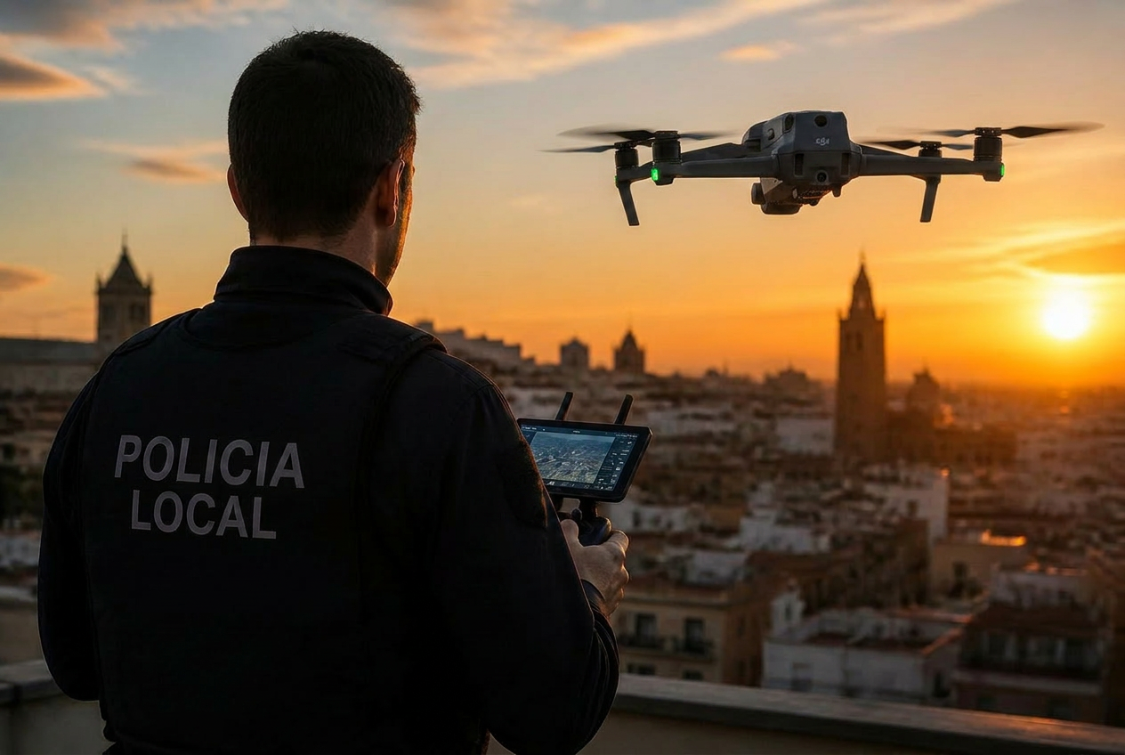 Policía operando un dron profesional en entorno urbano